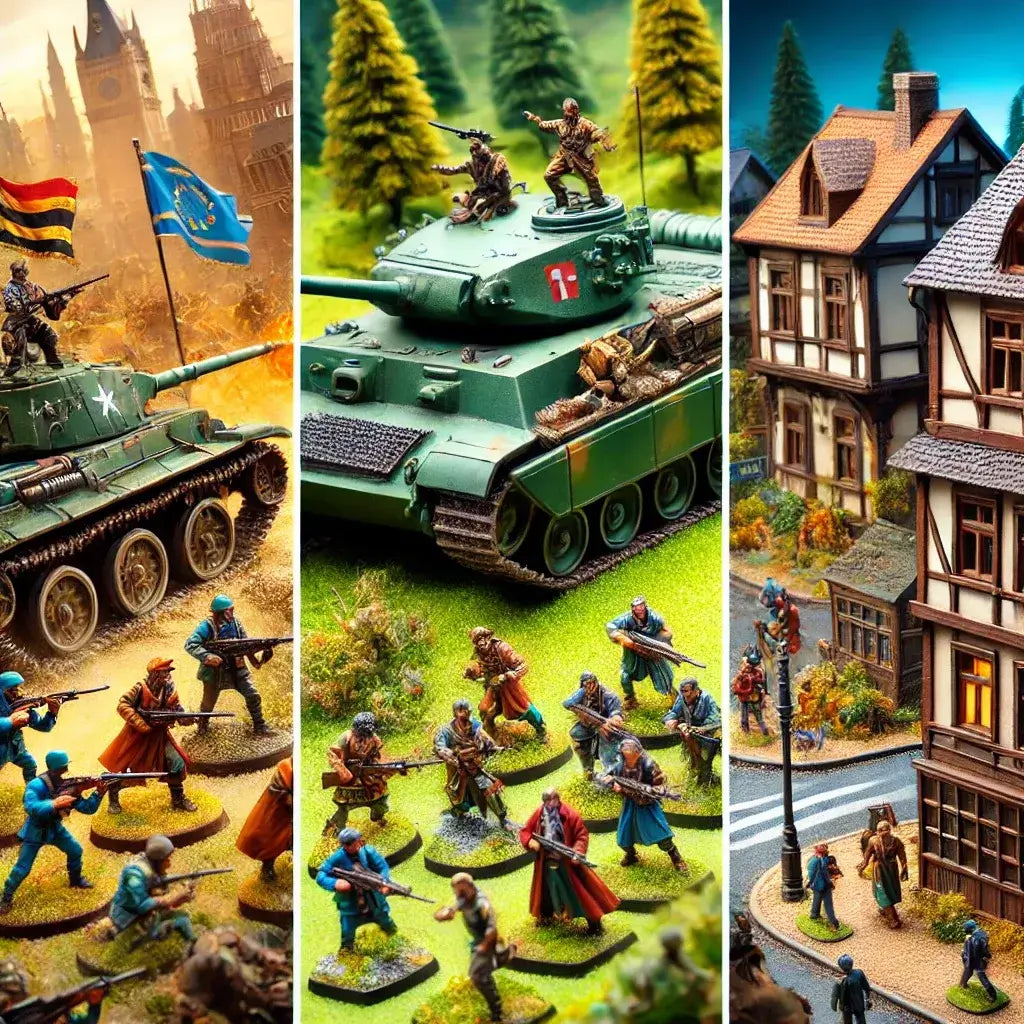 Miniaturfiguren Online-Shop – Wargaming-Panzer, Tabletop-Fantasy-Miniaturen und Diorama-Szene mit Alltagsmenschen in einem Dorf.