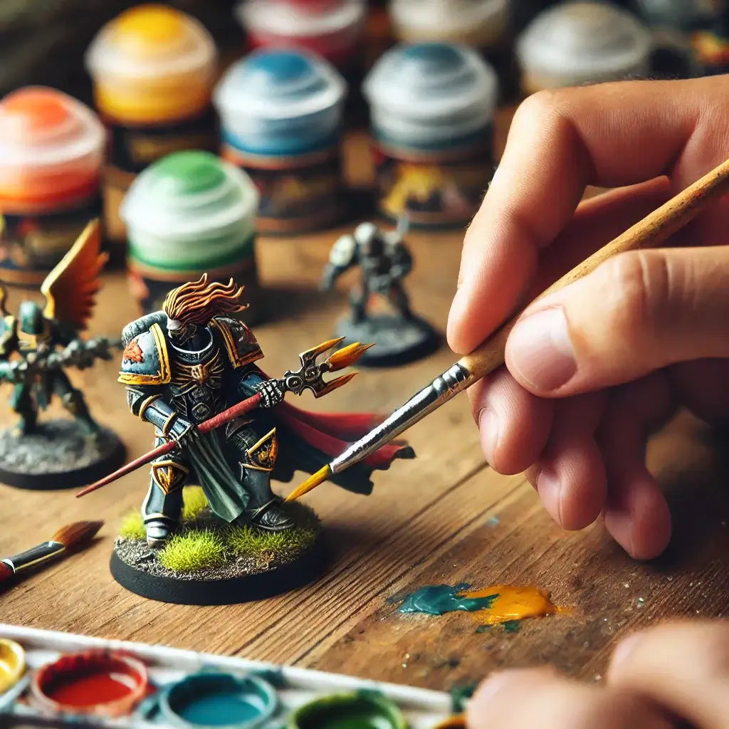 Miniaturfigur bemalen mit feinem Pinsel, Tabletop Miniatur Maltechnik, Hand bemalt Miniaturkrieger, Miniaturen Bemalung mit Acrylfarben, kreativer Arbeitsplatz Miniaturenbemalung