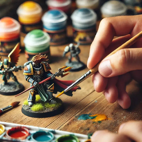 Miniaturfigur bemalen mit feinem Pinsel, Tabletop Miniatur Maltechnik, Hand bemalt Miniaturkrieger, Miniaturen Bemalung mit Acrylfarben, kreativer Arbeitsplatz Miniaturenbemalung