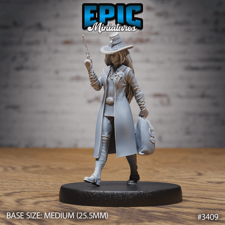 Epic Miniatures' Sheriff Female Figur in 3 Posen - mit Geldsack, von vorne