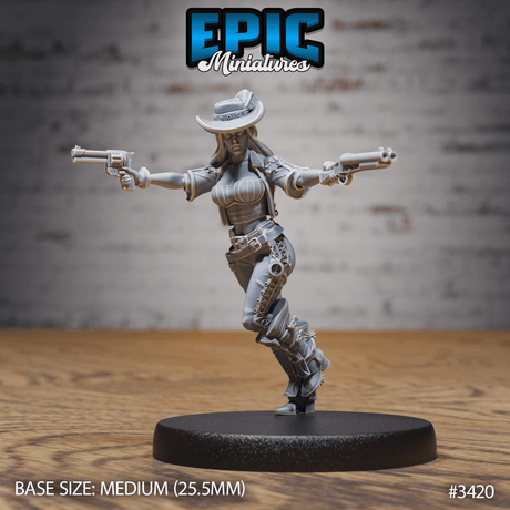 Unbemalte Female Gunslinger Miniatur von Epic Miniatures, perfekt für heroische Tabletop-Spiele