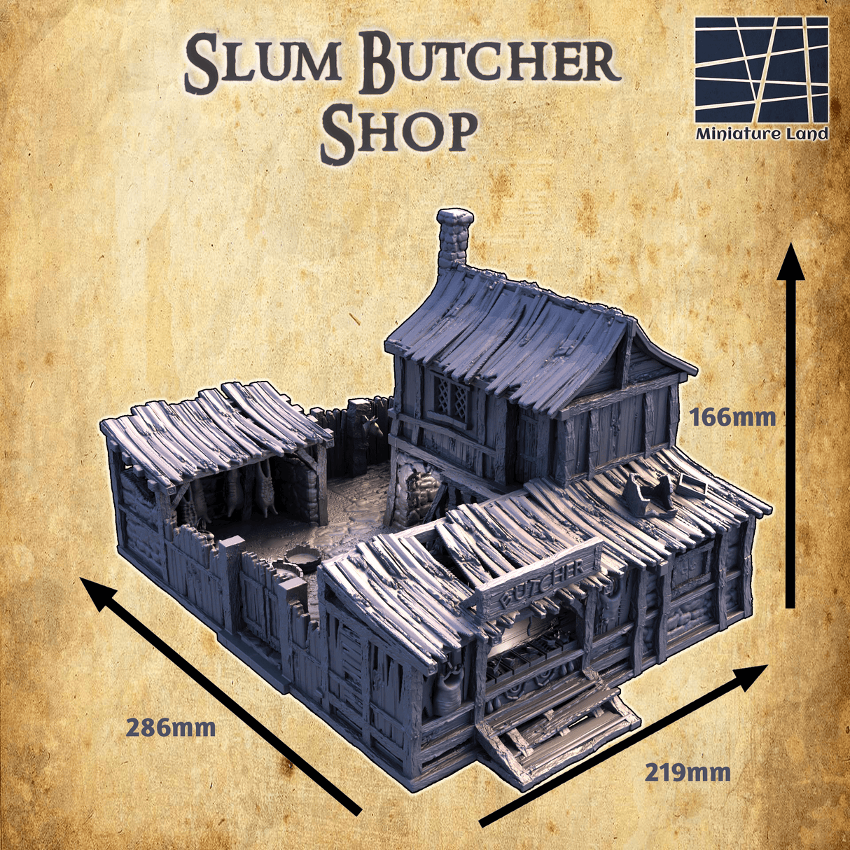 Detailreiche FDM-gedruckte Slum-Metzgerei für Tabletop