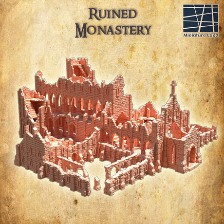 Blick auf die mehrstöckige Struktur des Ruined Monastery Tabletop-Terrains