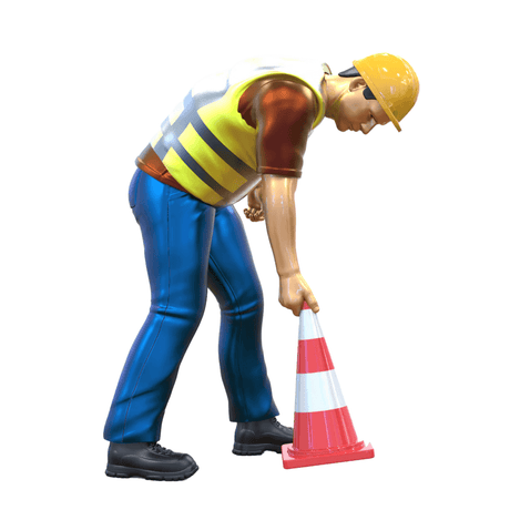 Realistische Miniaturfigur eines Bauarbeiters mit Verkehrskegel