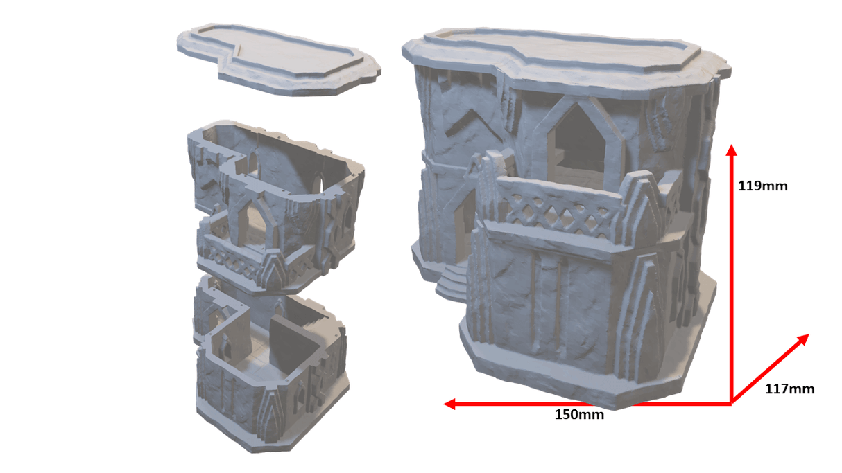 Dwarf Settlement Gebäude 2 - ein hochdetailliertes, 3D-gedrucktes Geländemodell für Tabletop-Spiele, präsentiert in einer Weiß- oder Grautönung